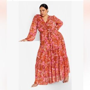 City Chic Vibrant Pink and Orange Long Sleeve Dress